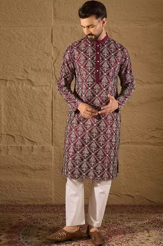 Men purple silk floral printed straight kurta