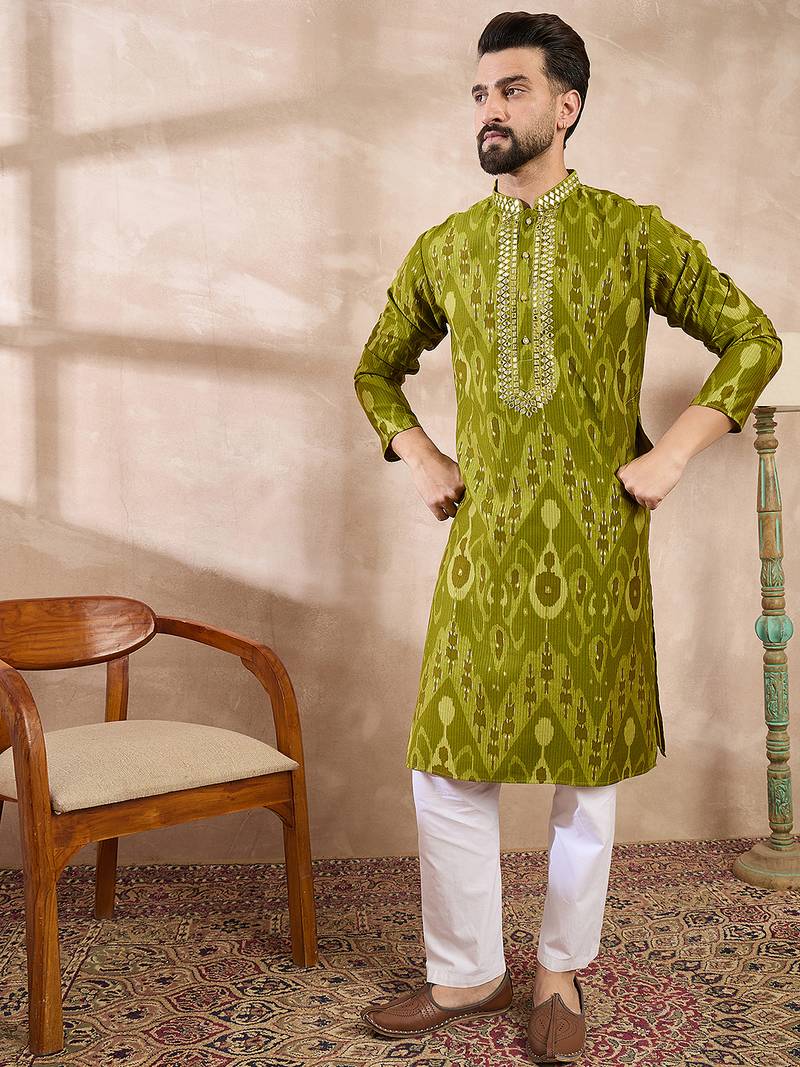 Men green viscose rayon chevron printed straight kurta with trouser