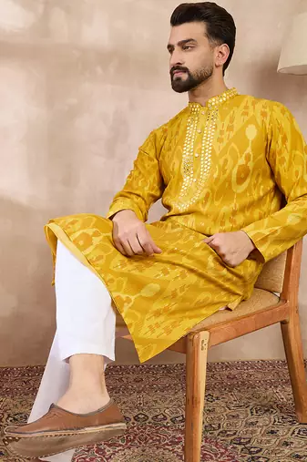 Men yellow viscose rayon chevron printed straight kurta with trouser