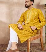 Men yellow viscose rayon chevron printed straight kurta with trouser