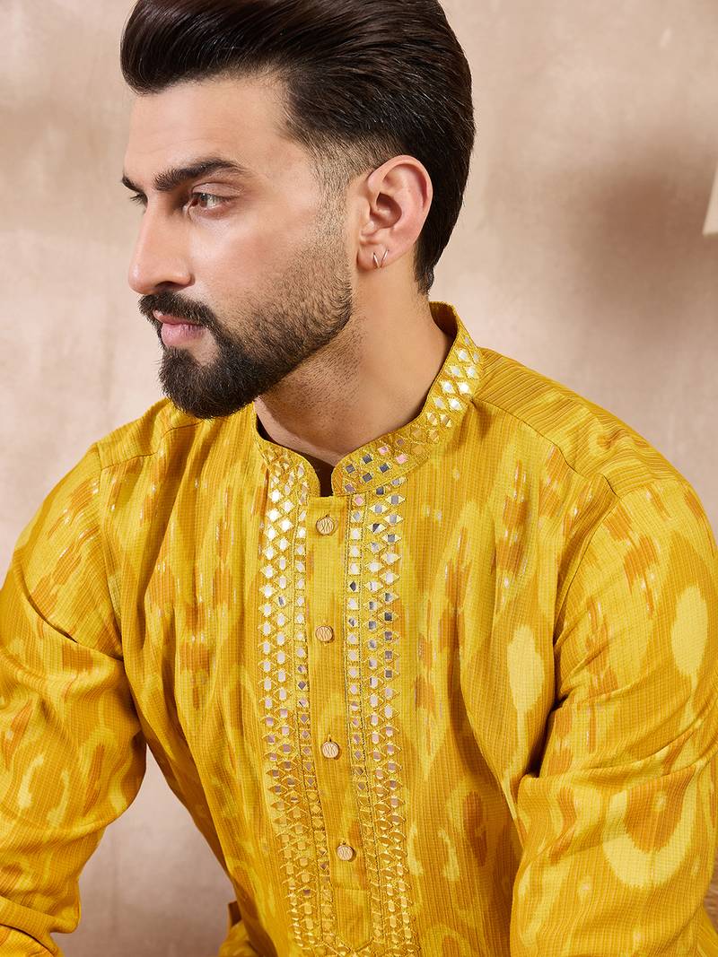 Men yellow viscose rayon chevron printed straight kurta with trouser