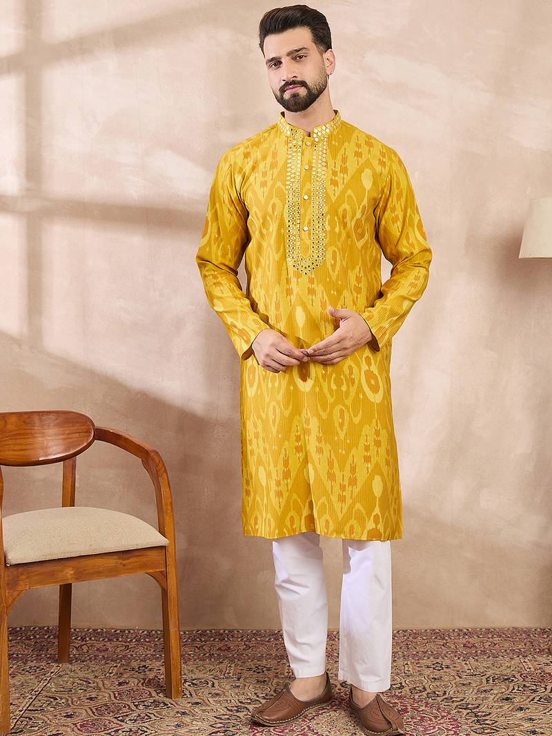 Men yellow viscose rayon chevron printed straight kurta with trouser