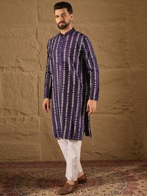 Men purple viscose rayon ethnic motifs printed straight kurta 5
