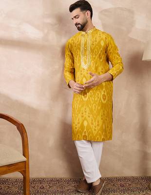 Men yellow viscose rayon chevron printed straight kurta with trouser 3
