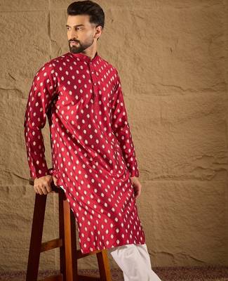 Men maroon silk ikat printed straight kurta 1