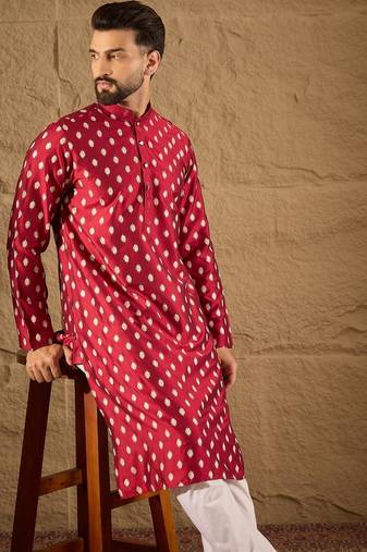 Men maroon silk ikat printed straight kurta