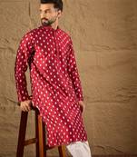 Men maroon silk ikat printed straight kurta