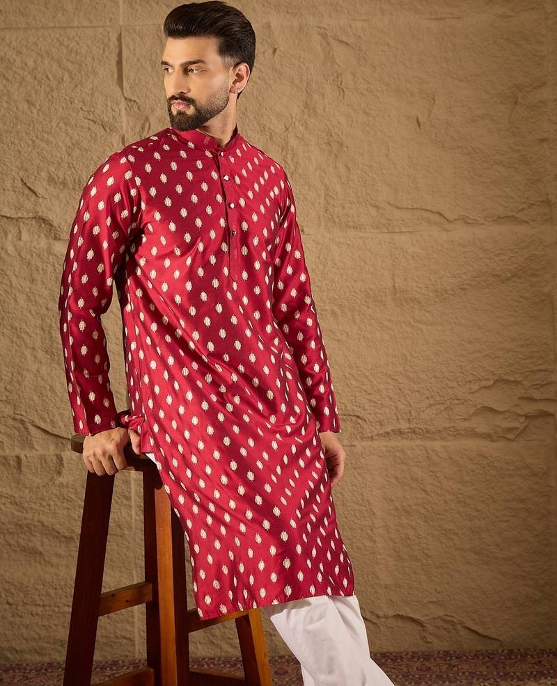 Men maroon silk ikat printed straight kurta