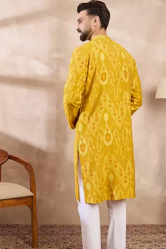 Men yellow viscose rayon chevron printed straight kurta with trouser