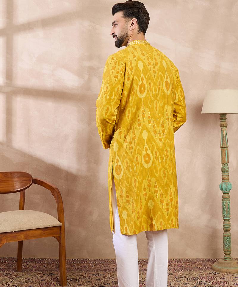 Men yellow viscose rayon chevron printed straight kurta with trouser