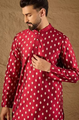 Men maroon silk ikat printed straight kurta