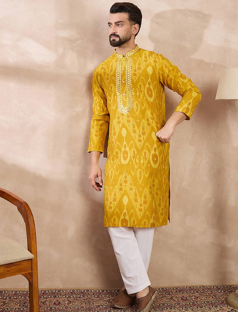 Men yellow viscose rayon chevron printed straight kurta with trouser