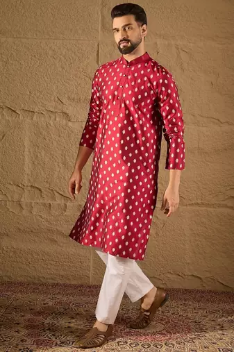 Men maroon silk ikat printed straight kurta