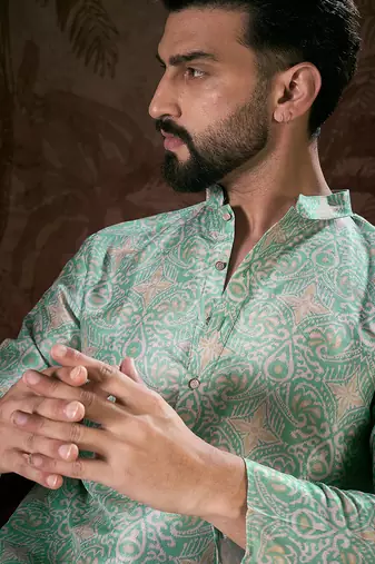 Men turquoise blue silk blend abstract printed straight kurta with trouser