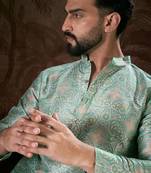 Men turquoise blue silk blend abstract printed straight kurta with trouser