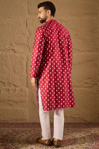 Men maroon silk ikat printed straight kurta