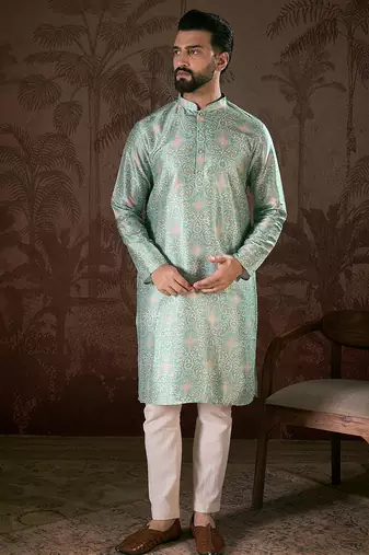 Men turquoise blue silk blend abstract printed straight kurta with trouser