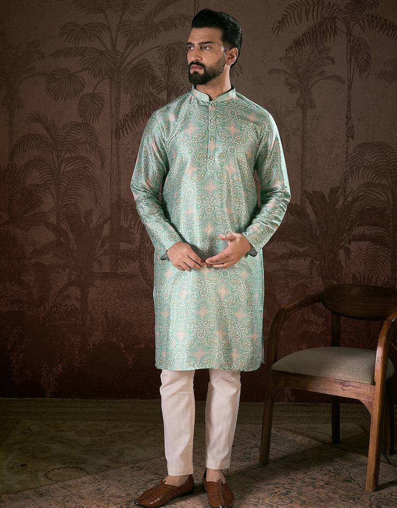 Men turquoise blue silk blend abstract printed straight kurta with trouser