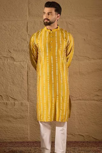 Men yellow viscose rayon ethnic motifs printed straight kurta