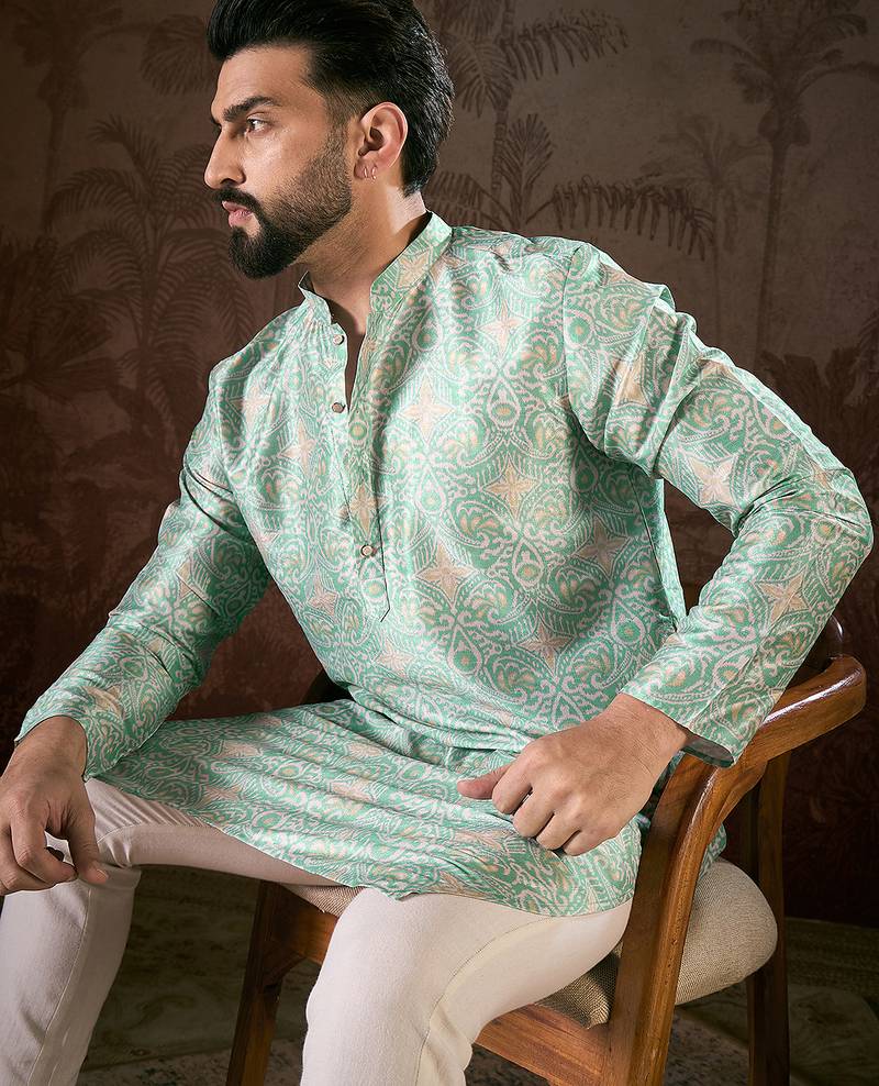 Men turquoise blue silk blend abstract printed straight kurta with trouser