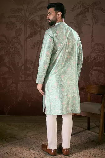 Men turquoise blue silk blend abstract printed straight kurta with trouser