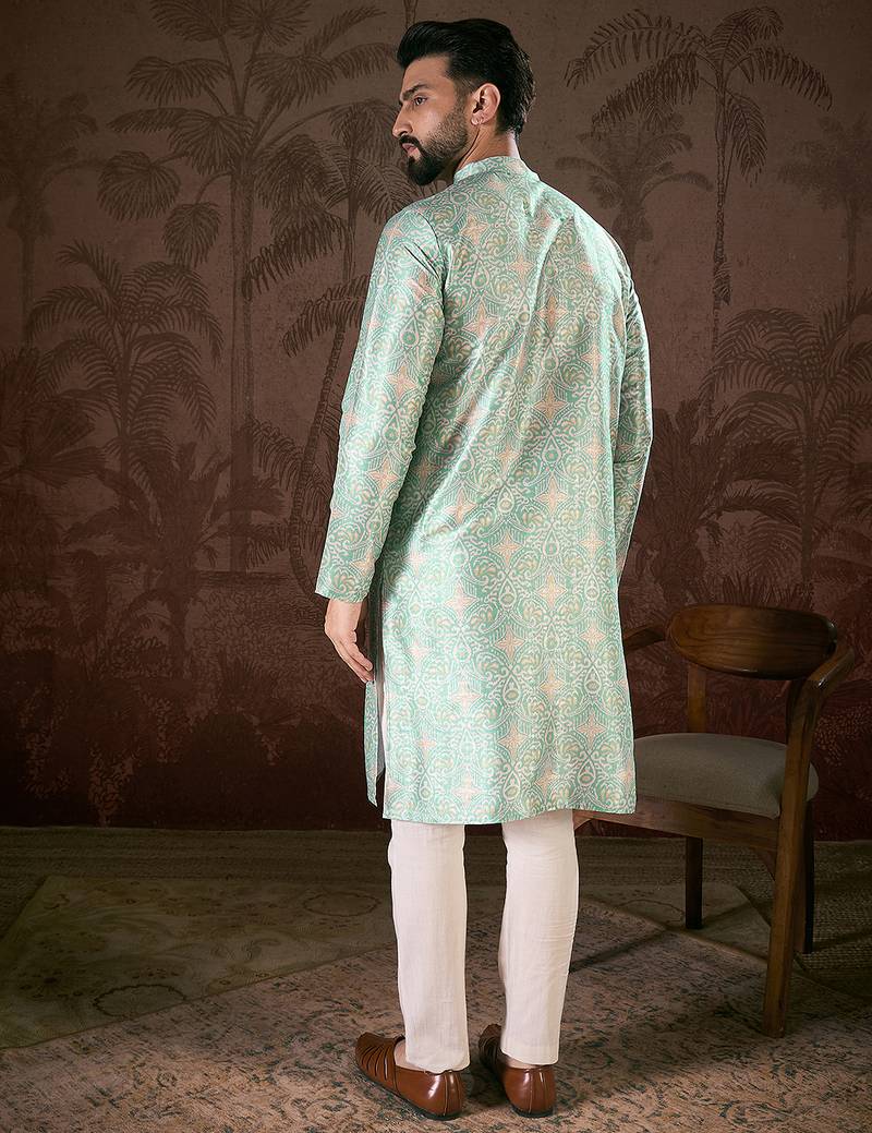 Men turquoise blue silk blend abstract printed straight kurta with trouser