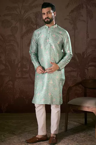 Men turquoise blue silk blend abstract printed straight kurta with trouser
