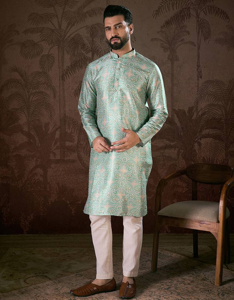 Men turquoise blue silk blend abstract printed straight kurta with trouser