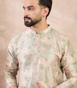 Men green silk blend floral printed straight kurta with trouser