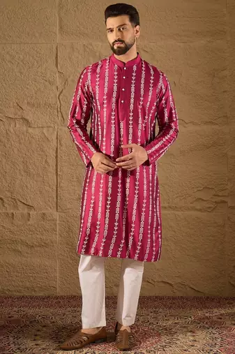 Men pink silk ethnic motifs printed straight kurta
