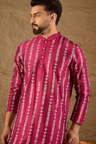 Men pink silk ethnic motifs printed straight kurta