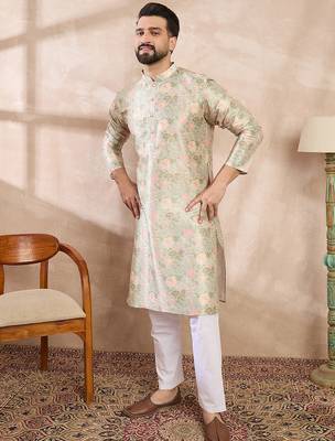 Men green silk blend floral printed straight kurta with trouser 3
