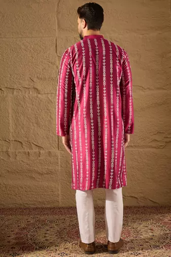 Men pink silk ethnic motifs printed straight kurta