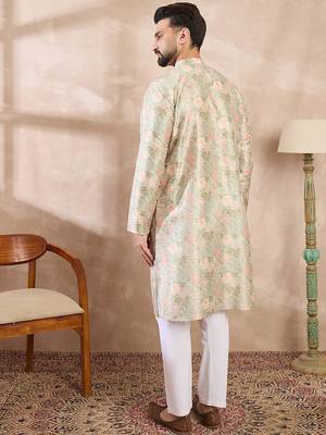 Men green silk blend floral printed straight kurta with trouser 4