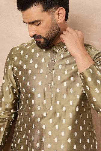 Men olive silk ikat printed straight kurta