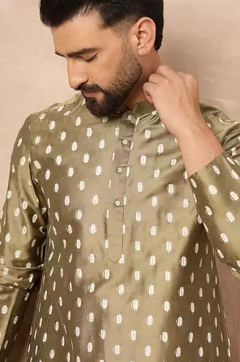 Men olive silk ikat printed straight kurta