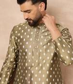 Men olive silk ikat printed straight kurta