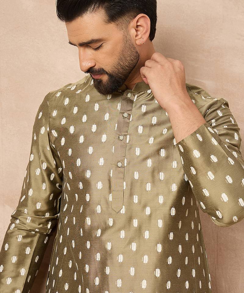 Men olive silk ikat printed straight kurta