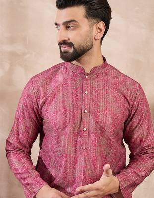 Men pink silk blend floral printed straight kurta with trouser 1