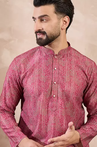 Men pink silk blend floral printed straight kurta with trouser