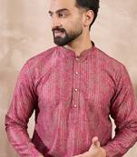 Men pink silk blend floral printed straight kurta with trouser