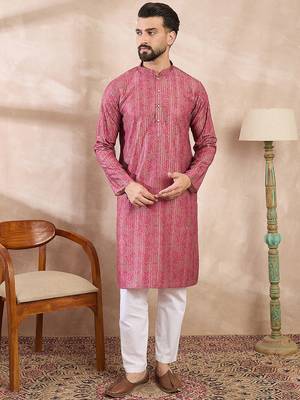 Men pink silk blend floral printed straight kurta with trouser 2