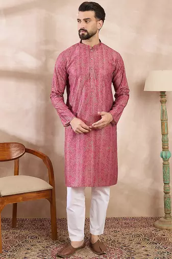 Men pink silk blend floral printed straight kurta with trouser