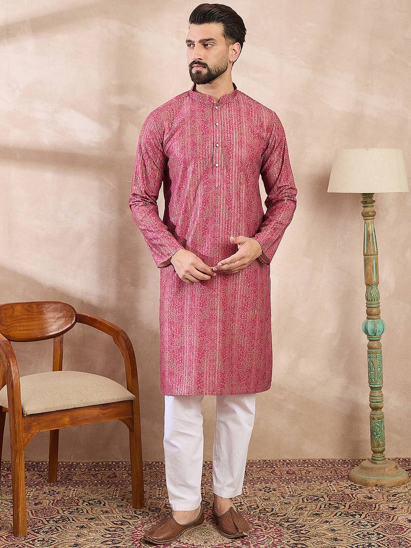 Men pink silk blend floral printed straight kurta with trouser