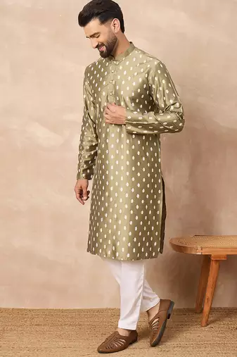 Men olive silk ikat printed straight kurta