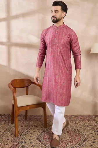 Men pink silk blend floral printed straight kurta with trouser