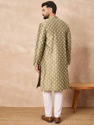 Men olive silk ikat printed straight kurta 4