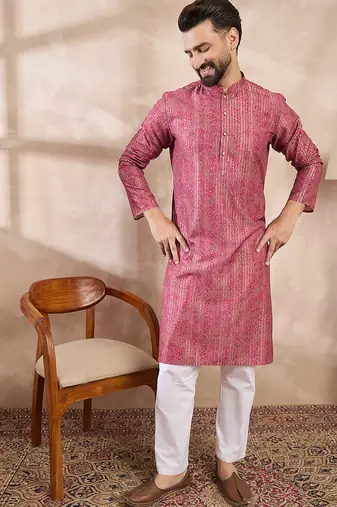 Men pink silk blend floral printed straight kurta with trouser