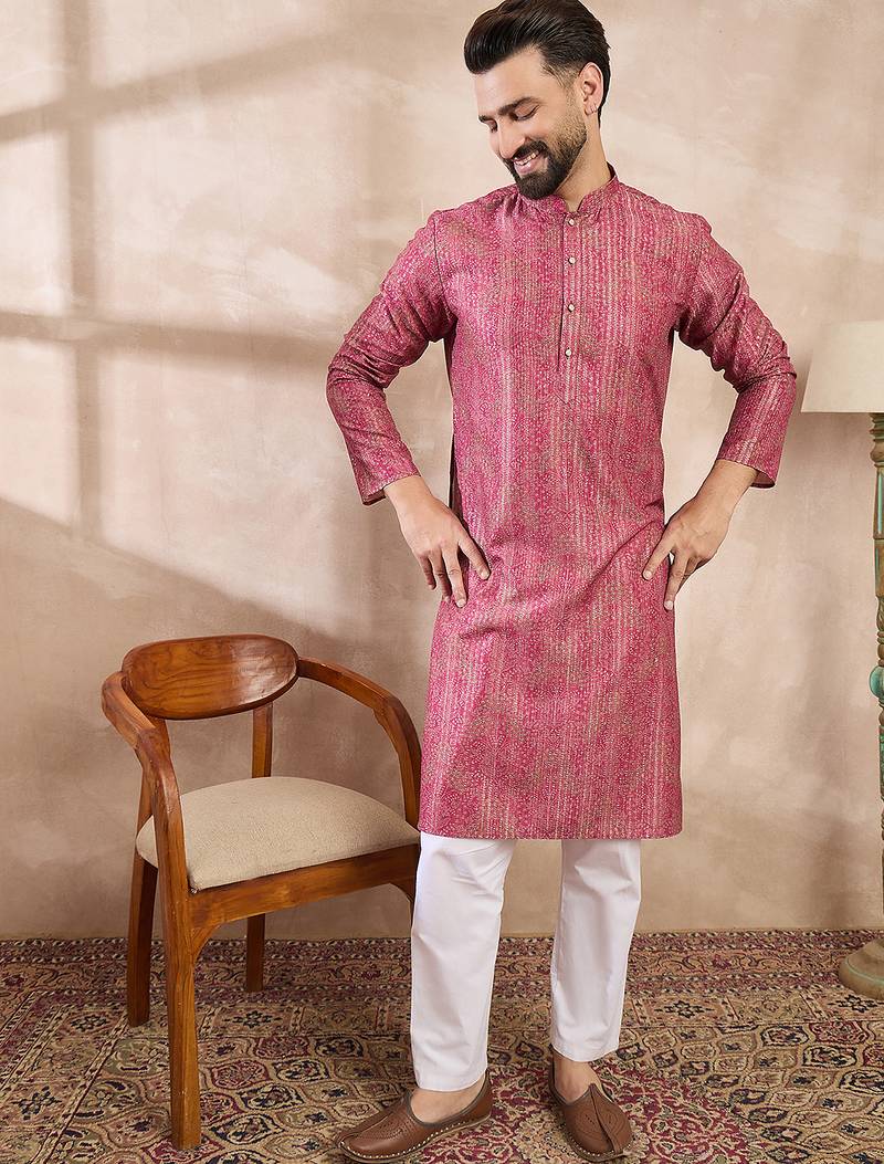 Men pink silk blend floral printed straight kurta with trouser