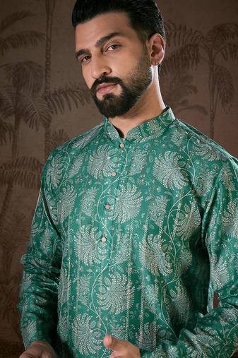 Men teal silk blend floral printed straight kurta with trouser
